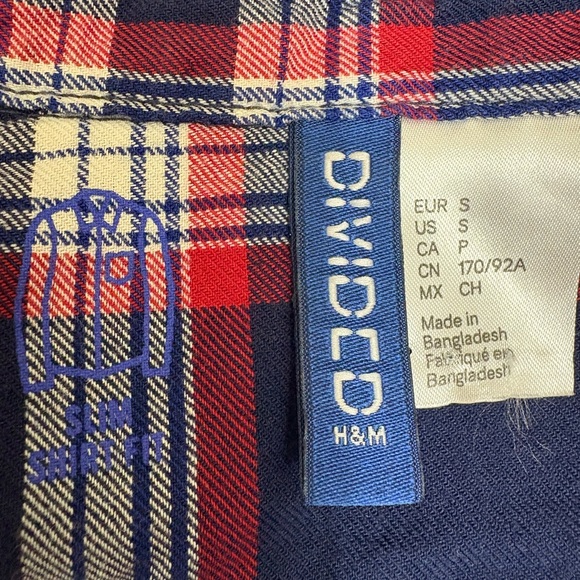H&M Divided Navy Red White Plaid Snap Front Western Style Slim Fit Flannel Shirt - Picture 2 of 6